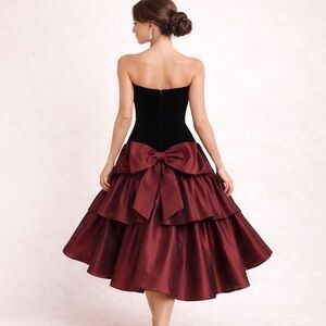 Vintage 80s Gown Strapless dress Black Velvet Velour Dark red iridescent skirt S